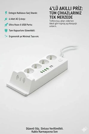 Akım Korumalı Kablosuz Şarjlı Masaüstü Priz | 4 Priz, 4 Usb, 2 Type-c