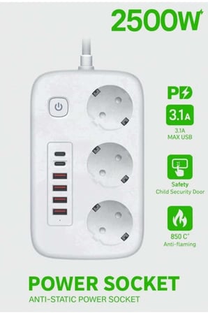  akım Korumalı Priz Ve Masaüstü Şarj İstasyonu Kablosuz 3 Priz,4 Usb, 2 Type-c Girişli 2 Metre