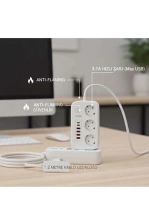  akım Korumalı Priz Ve Masaüstü Şarj İstasyonu Kablosuz 3 Priz,4 Usb, 2 Type-c Girişli 2 Metre