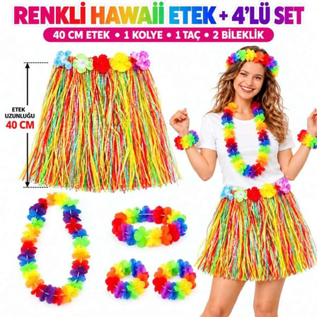 Renkli Hawaii Etek 40 Cm Ve 4’lü Hawaii Seti