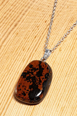 Sertifikalı Tımbıl Model Kahverengi Obsidyen Taşı Kolye (GÜMÜŞ APARATLI)