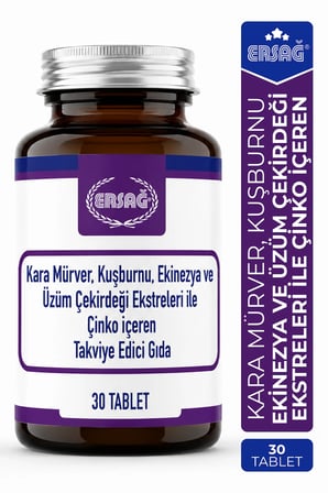 ERSAĞ Kara Mürver Kuşburnu Ekinezya Üzüm Çekirdeği ve Çinko İçeren Takviye Edici Gıda 30 Tablet