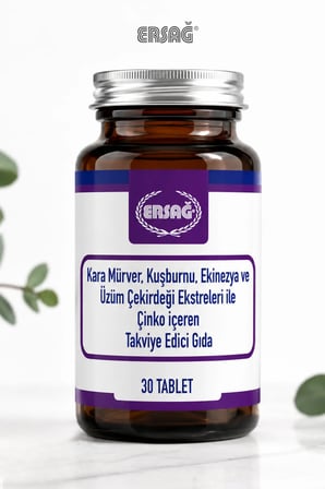ERSAĞ Kara Mürver Kuşburnu Ekinezya Üzüm Çekirdeği ve Çinko İçeren Takviye Edici Gıda 30 Tablet