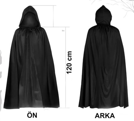 Siyah Uzun Pelerin 120 cm Kapüşonlu – Cosplay ve Parti Kostümü