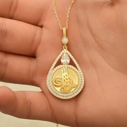 925 Ayar Gümüş Gold Kaplama Damla Tuğralı Kadın Kolye