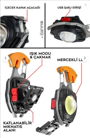 ERVAS TİCARET Çok Fonksiyonlu Kamp ve Acil Durum Kiti – 180° Dönebilen Mıknatıslı COB LED Fener, Çakmak & Tornavida Seti