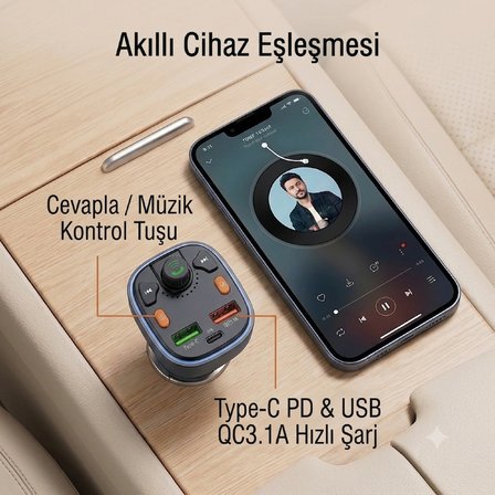  IŞIKLI BLUETOOTH MP3 ÇALAR ARAÇ CİHAZI FM TRANSMİTTER ARAÇ KİTİ HIZLI SARJ CİHAZI TY-738 RGB