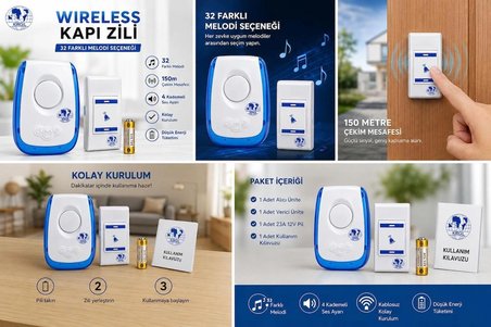 KABLOSUZ KAPI ZİLİ- 32 MELODİLİ- 100 METREYE KADAR ÇEKİM 