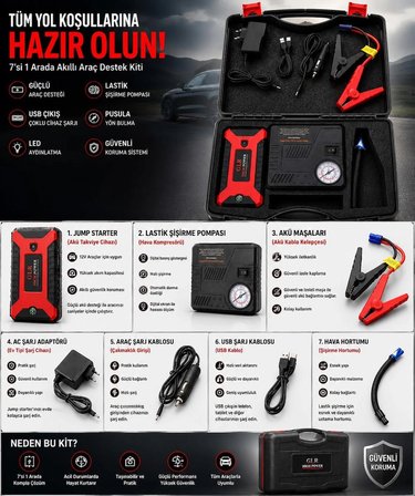 Akü Takviyeli Hava Pompası & Jump Starter 1300 mAh Powerbank – Çok Fonksiyonlu Araç Destek Kiti