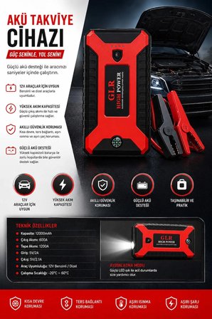 Akü Takviyeli Hava Pompası & Jump Starter 1300 mAh Powerbank – Çok Fonksiyonlu Araç Destek Kiti