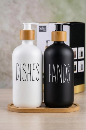 2’li Siyah Beyaz Mutfak Cam Sıvı Sabunluk Seti 500ml 500ml Bambu Standlı Şık Ve Modern