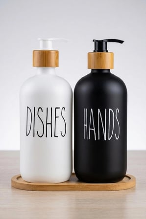 2’li Siyah Beyaz Mutfak Cam Sıvı Sabunluk Seti 500ml 500ml Bambu Standlı Şık Ve Modern