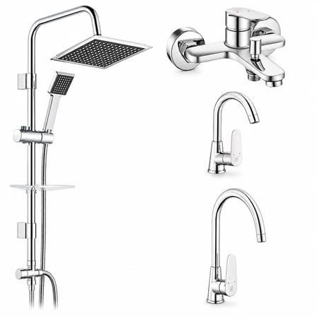 Fast Banyo Bataryası + Ar Fast Kuğu Borulu Lavabo Bataryası + Ar Fast Eviye Bataryası + Tema 53260 Quadro Rain Pratik Duş Sistemi