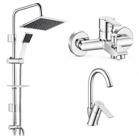 Lite Banyo Bataryası + Ar Lite Kuğu Borulu Lavabo Bataryası + Tema 53260 Quadro Rain Pratik Duş Sistemi