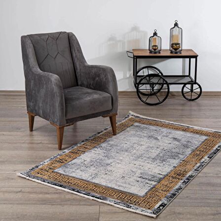 İpek Mekik Halı Erva Sarı Siyah Çizgili Çerçeveli Halı