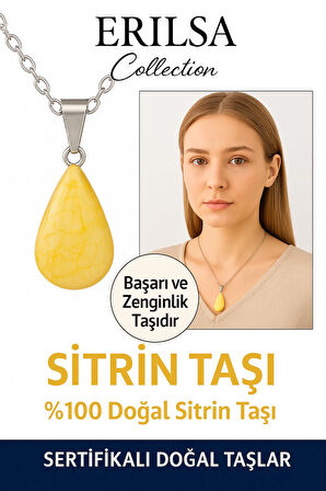 Sertifikalı Damla Model Sitrin Taşı Kolye – Bolluk, Neşe ve Pozitif Enerji Taşı