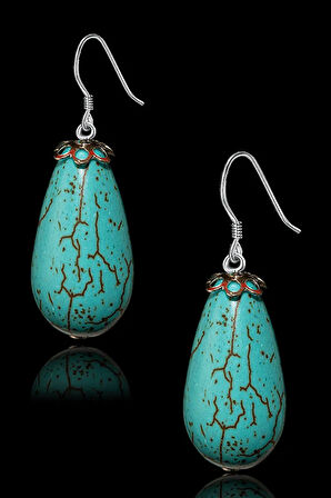 Sertifikalı 1.kalite Damla Kesim Boyasız Firuze Taşı Doğal Taş Küpe - Iran