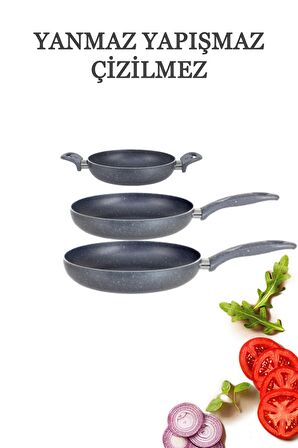 Granit Tava 20 - 24 Cm & Çift Kulp Omlet 18 Cm 3'Lü Set