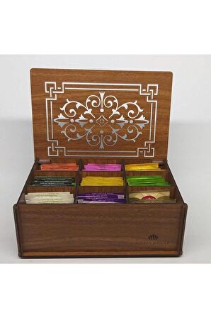 Doğal Ahşap Çay Kutusu 9 Bölmeli Kapaklı Poşet Bitki Çayı Saklama Kabı (tea Box)