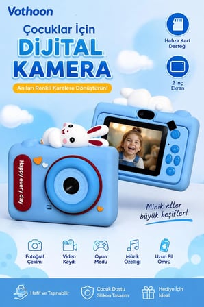 Mini Çocuk Kamerası 2 İnç Ekranlı Fotoğraf Video Çekimli Şarjlı Silikon Korumalı Dijital Kamera