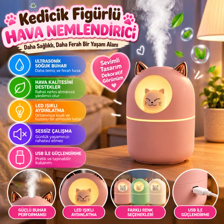 Kedicik Figürlü Hava Nemlendirici – Ultrasonik Soğuk Buhar Makinesi, LED Işıklı Masaüstü Oda Nemlendirici