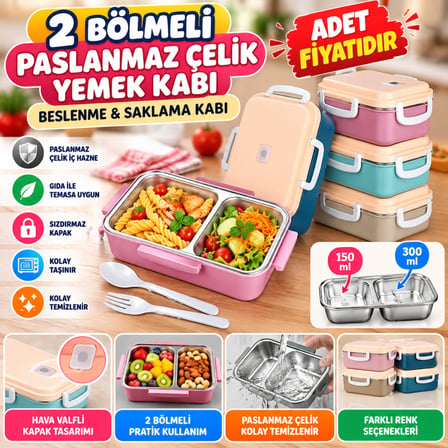 2 Bölmeli 150-300 Ml Paslanmaz Çelik Yemek Kabı Beslenme Kabı Yiyecek Saklama Kabı - 1 Adet Stokta Olan Renk Gönderilir