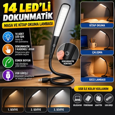 USB Girişli 14 Ledli 3 Kademeli Dokunmatik Masa/Kitap Okuma Lambası Ledi Siyah