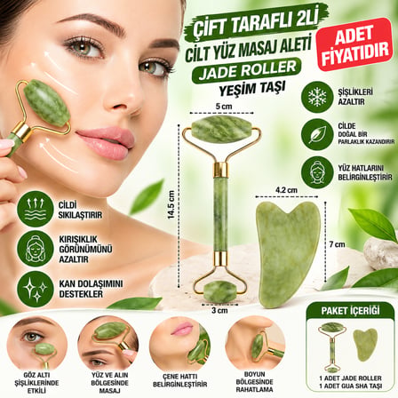 Çift Taraflı 2li Cilt Yüz Masaj Aleti Jade Roller Yeşim Taşı Seti(adet fiyatıdır)