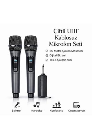 Profesyonel Çiftli Kablosuz Mikrofon Seti Karaoke Şarj Edilebilir 50 Metre