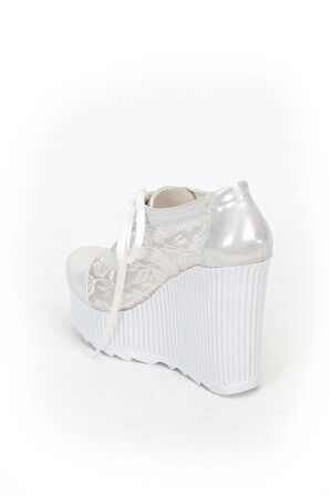 Beyaz Tül Çınar Kadın Dolgu Topuklu Ayakkabı Kadın Topuklu Abiye Ayakkabı Şık Gece Ayakkabısı