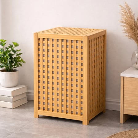 Kalın Ahşap Bambu Kirli Çamaşır Sepeti Kumaş Çantalı SEPET=40X40X58CM