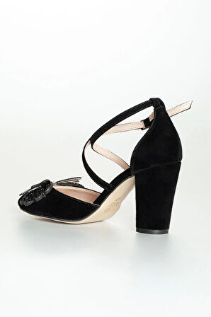 Siyah Süet Taşlı Kadın Topuklu Ayakkabı Abiye Ayakkabı Şık Gece Ayakkabısı Zarif Tasarım