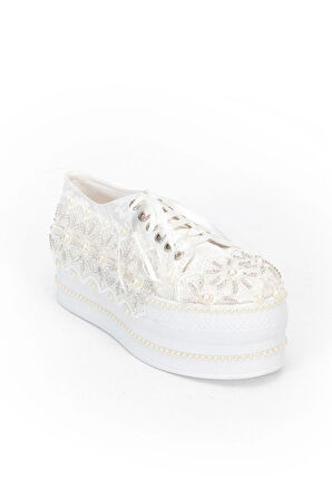 Beyaz Çınar Taşlı Kadın Dolgu Topuklu Ayakkabı Kadın Topuklu Abiye Ayakkabı Şık Gece Ayakkabısı