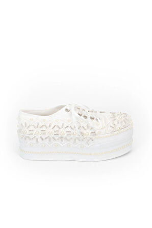 Beyaz Çınar Taşlı Kadın Dolgu Topuklu Ayakkabı Kadın Topuklu Abiye Ayakkabı Şık Gece Ayakkabısı