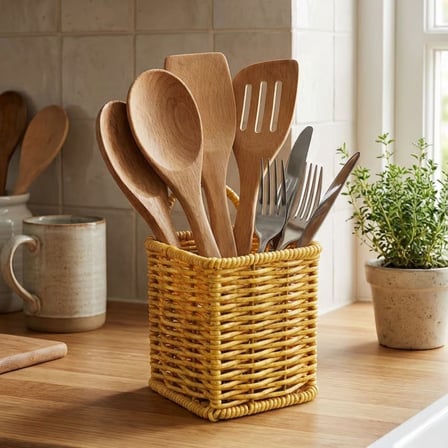 ErturkStore Kare Hasır Dokulu Plastik Rattan Kaşıklık & Çatallık - Askılı Mutfak Organizeri 14 cm 10x10 cm