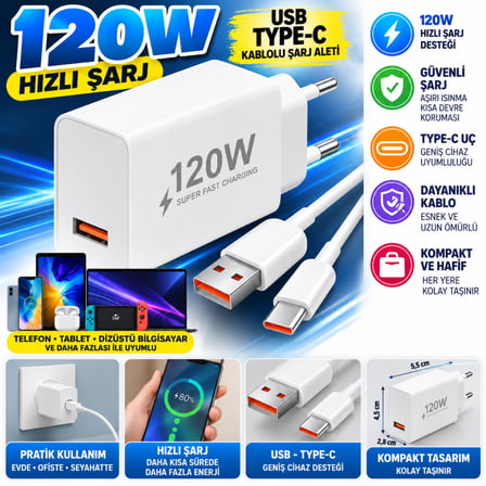 120W USB Hızlı Type C Uçlu Kablolu Şarj Aleti