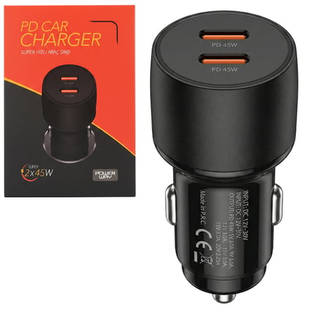Powerway CC45 PD 2x45W Çift Type-C Çıkışlı Ultra Hızlı Araç Şarjı