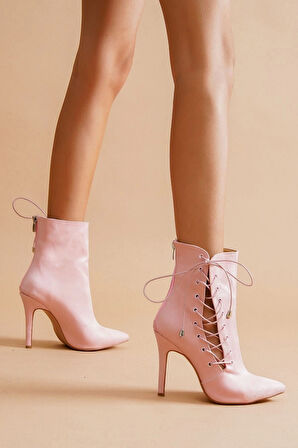 Kadın Sivri Burun Saten Bot Yüksek Topuklu Bağcıklı Şık Kısa Çizme