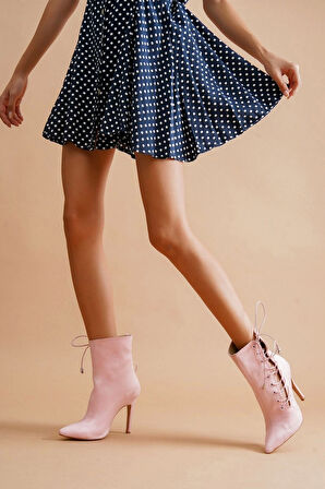 Kadın Sivri Burun Saten Bot Yüksek Topuklu Bağcıklı Şık Kısa Çizme