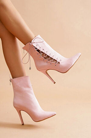 Kadın Sivri Burun Saten Bot Yüksek Topuklu Bağcıklı Şık Kısa Çizme