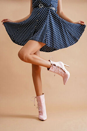 Kadın Sivri Burun Saten Bot Yüksek Topuklu Bağcıklı Şık Kısa Çizme