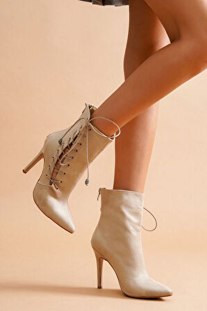 Kadın Sivri Burun Saten Bot Yüksek Topuklu Bağcıklı Şık Kısa Çizme