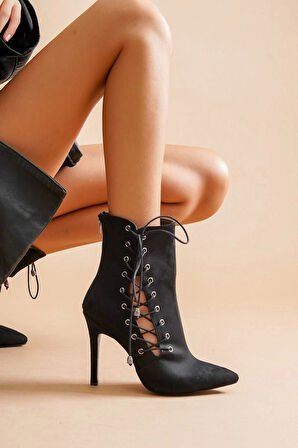 Kadın Sivri Burun Saten Bot Yüksek Topuklu Bağcıklı Şık Kısa Çizme