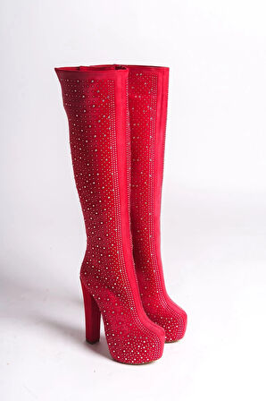 Kadın Moda Komple Taş Detay Yüksek Topuklu Çizme Şık ve Zarif Abiye Ayakkabı