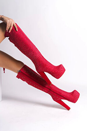 Kadın Moda Komple Taş Detay Yüksek Topuklu Çizme Şık ve Zarif Abiye Ayakkabı