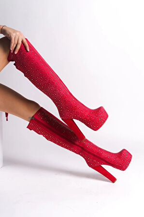 Kadın Moda Komple Taş Detay Yüksek Topuklu Çizme Şık ve Zarif Abiye Ayakkabı