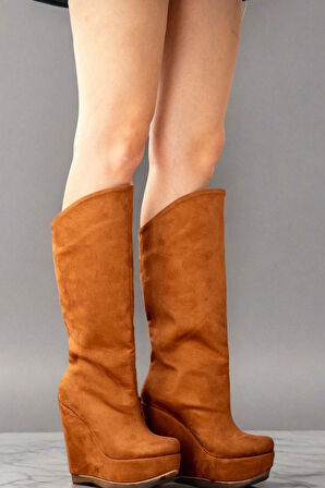 Kadın Moda Dolgu Topuk Diz Altı Çizme Şık ve Zarif Abiye Ayakkabı