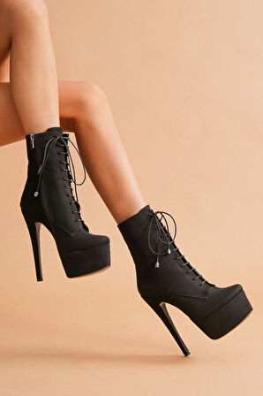 Yüksek Topuk Platform Detaylı Kadın Bot Bağcıklı Zarif Fermuarlı Tasarım Çizme