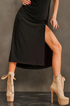 Yüksek Topuk Platform Detaylı Kadın Bot Bağcıklı Zarif Fermuarlı Tasarım Çizme