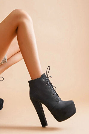 Kadın Platform Bağcıklı Topuklu Bot Suni Deri Petli Taban Şehir Modası Şık ve Konforlu